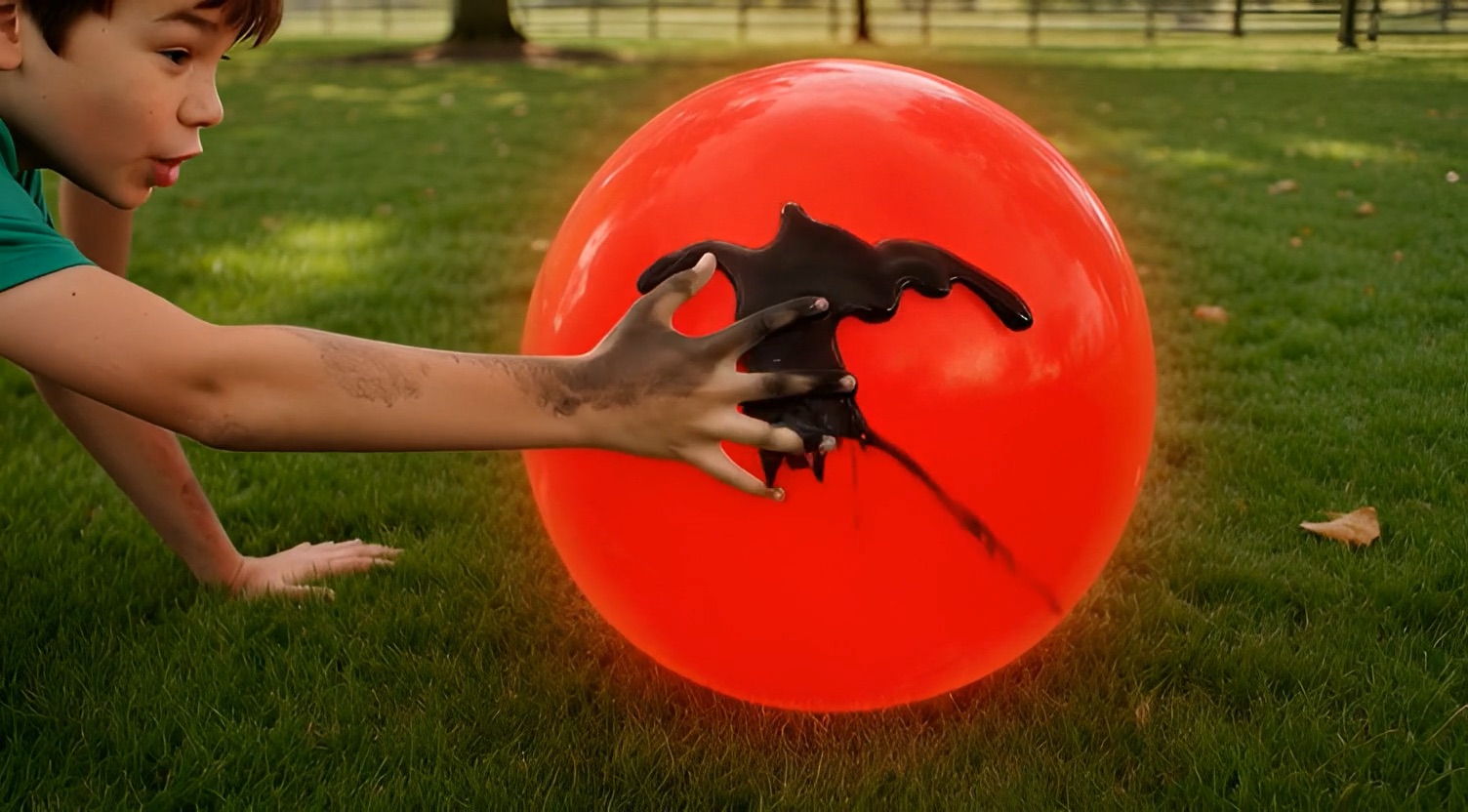 A child reaching toward the red ball, hands stained with darkness — representing curiosity meeting harmful content