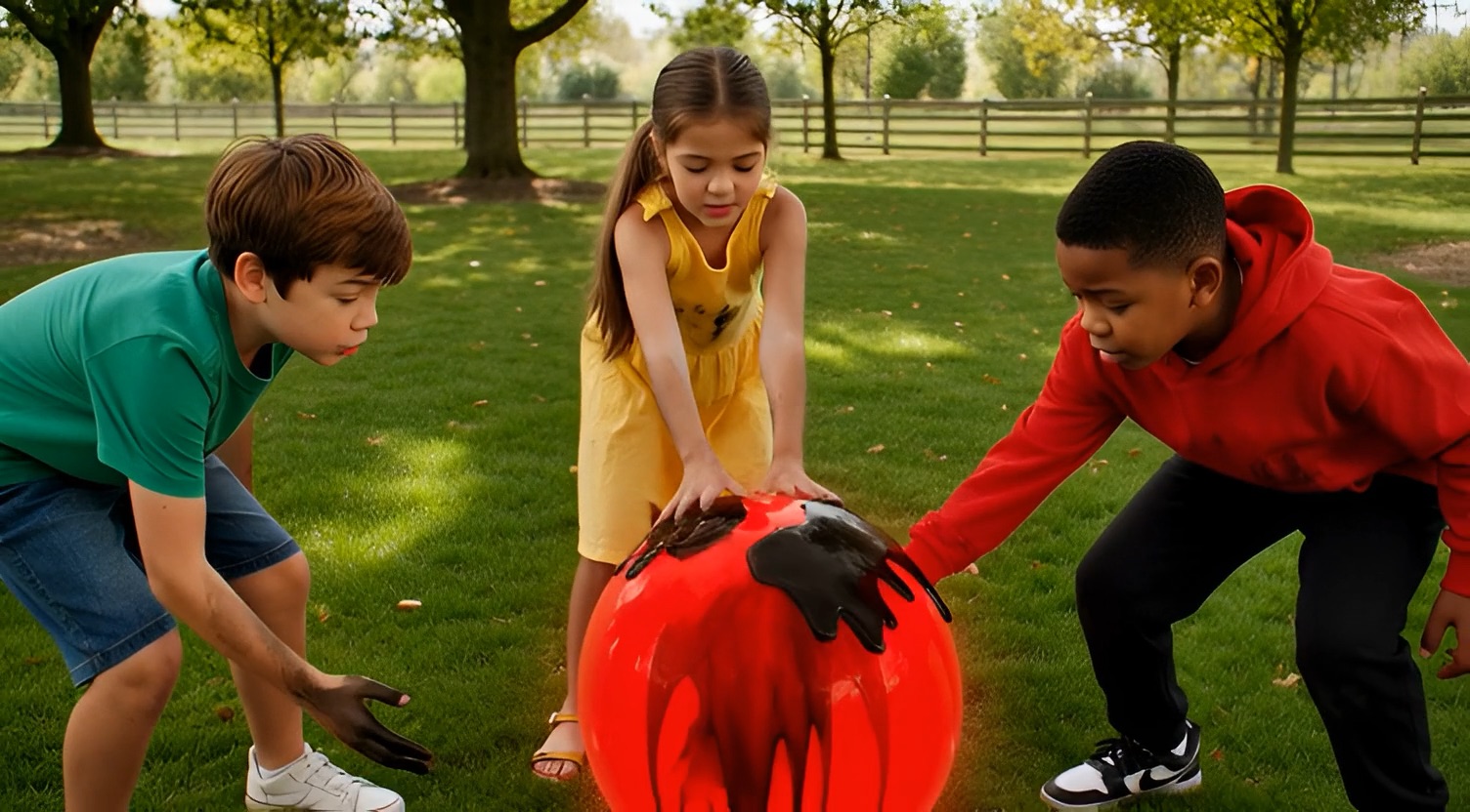 Children handling the stained ball together — representing how harm spreads through peer exposure
