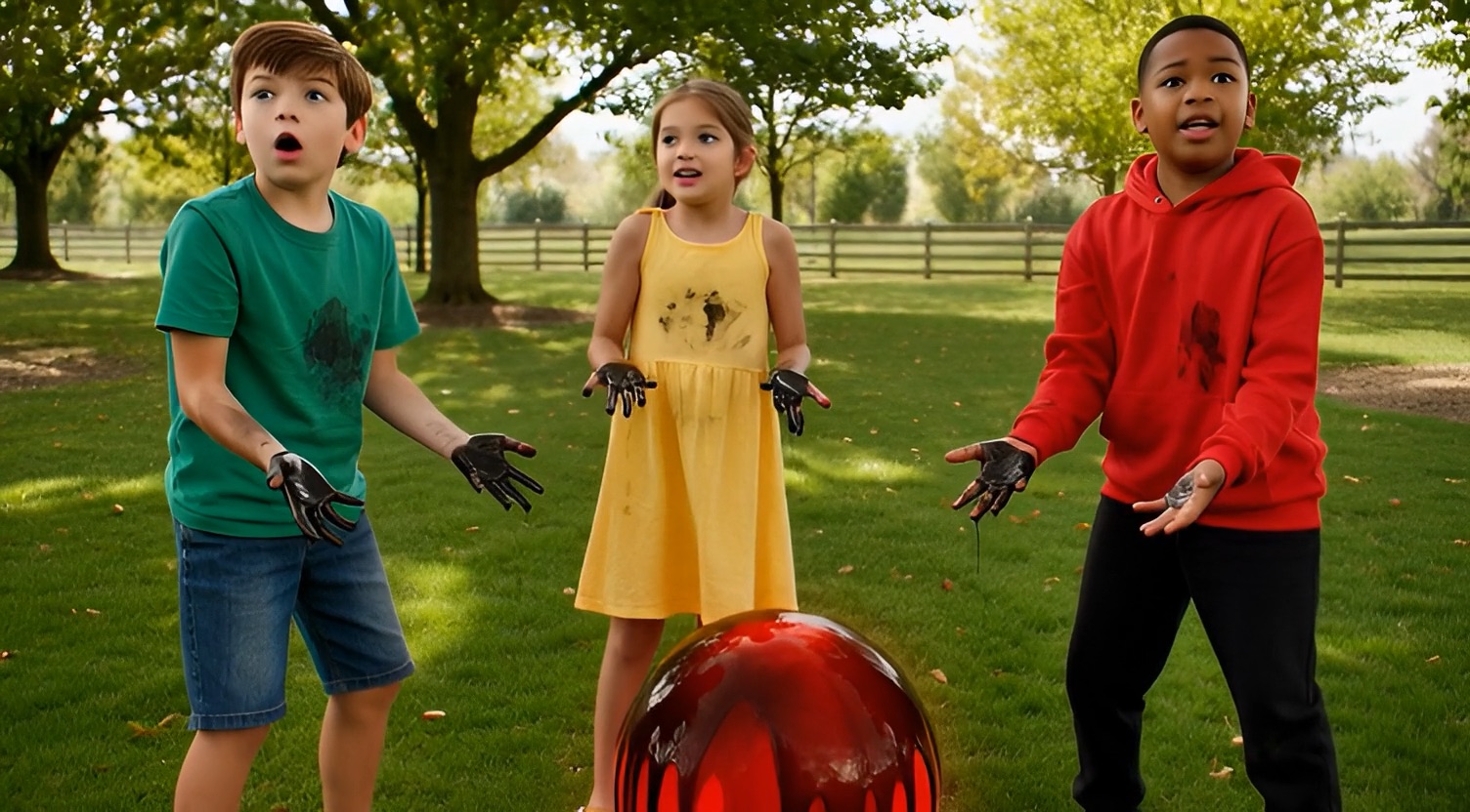 Three children standing shocked, hands stained — representing the fear and confusion after exposure